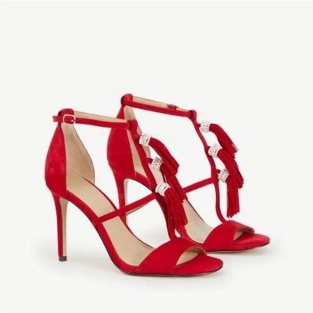 Ann Taylor Adina Fringe stiletto sandals red suede with pearlized tassels 9 NWT
